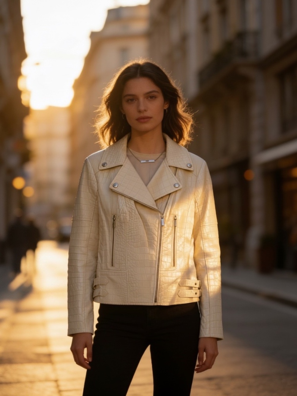 NWOT Karen Millen Cream Croc Embossed Faux Leather Biker Jacket Size Small